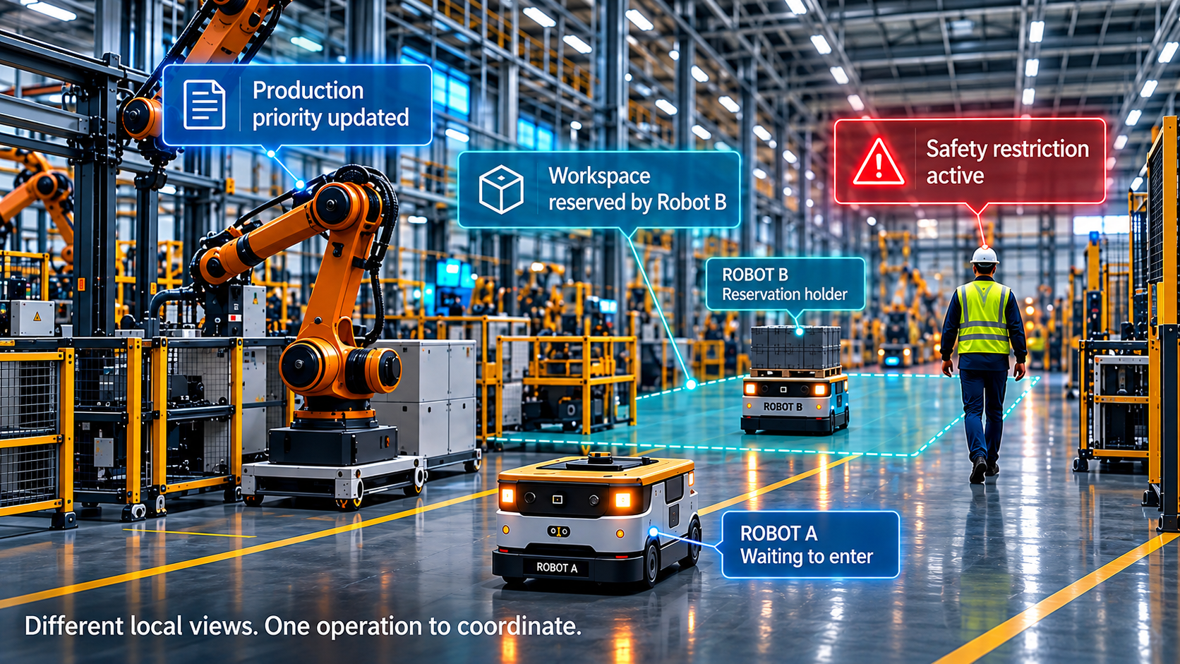 Factory coordination scenario showing Robot A intending to enter a shared workspace reserved by Robot B while production priority changes, a technician enters the area and a safety restriction is active.