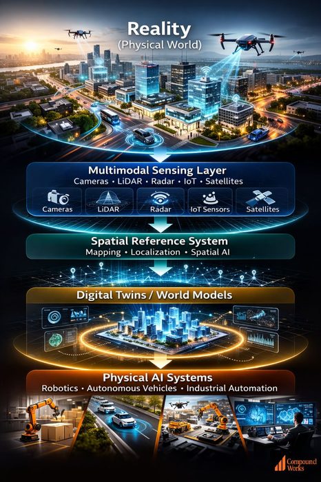 Reality to multimodal sensing to spatial reference system to digital twins and world models to Physical AI systems