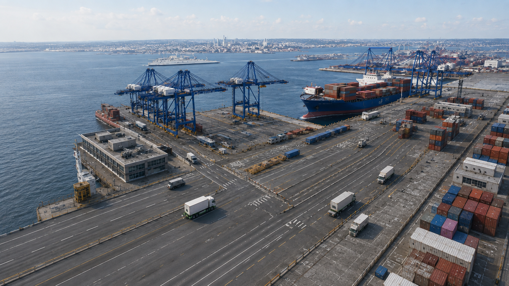 Aerial view of a working container port with cranes, ship, roads and trucks